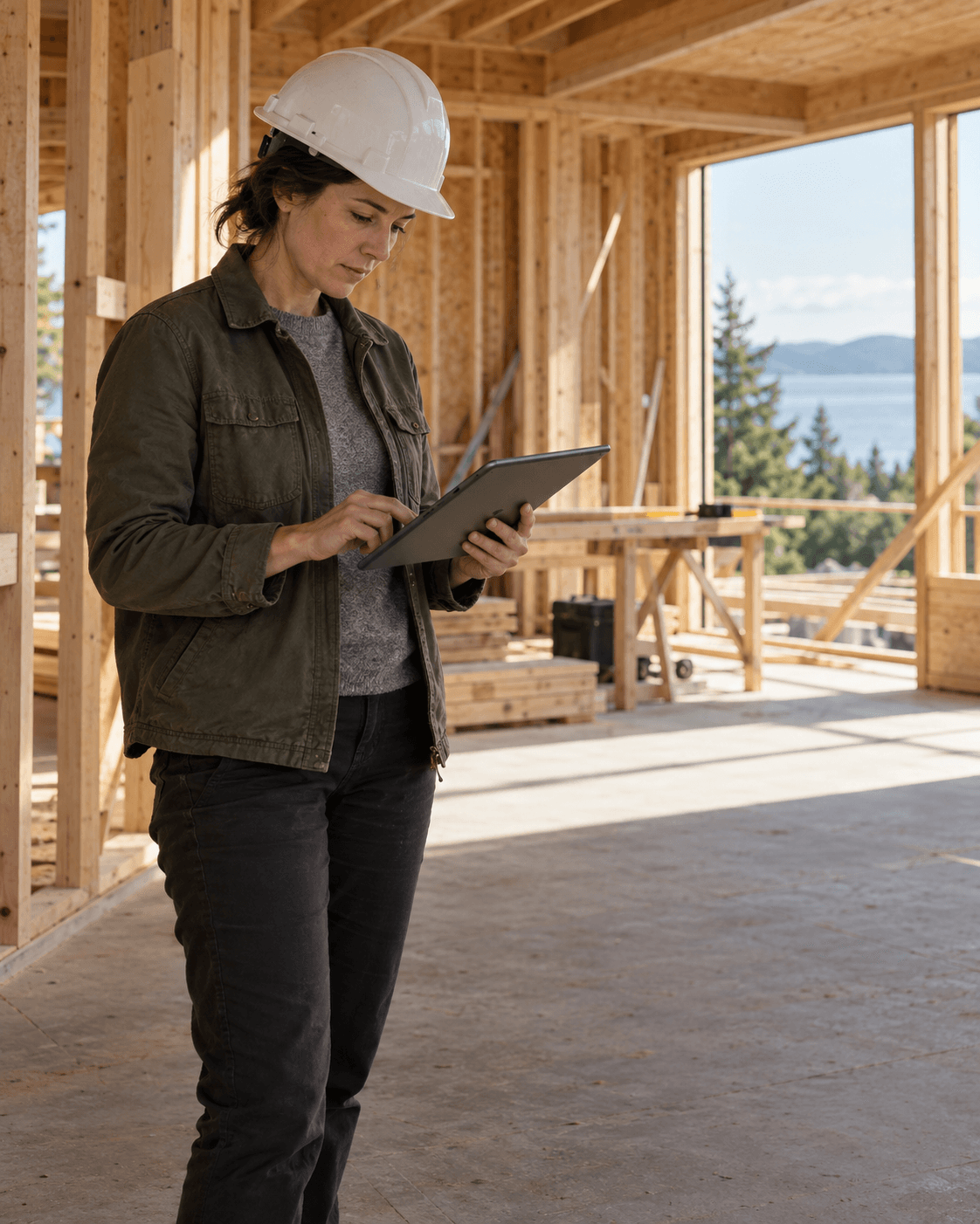 An architect reviewing a tablet on a construction site