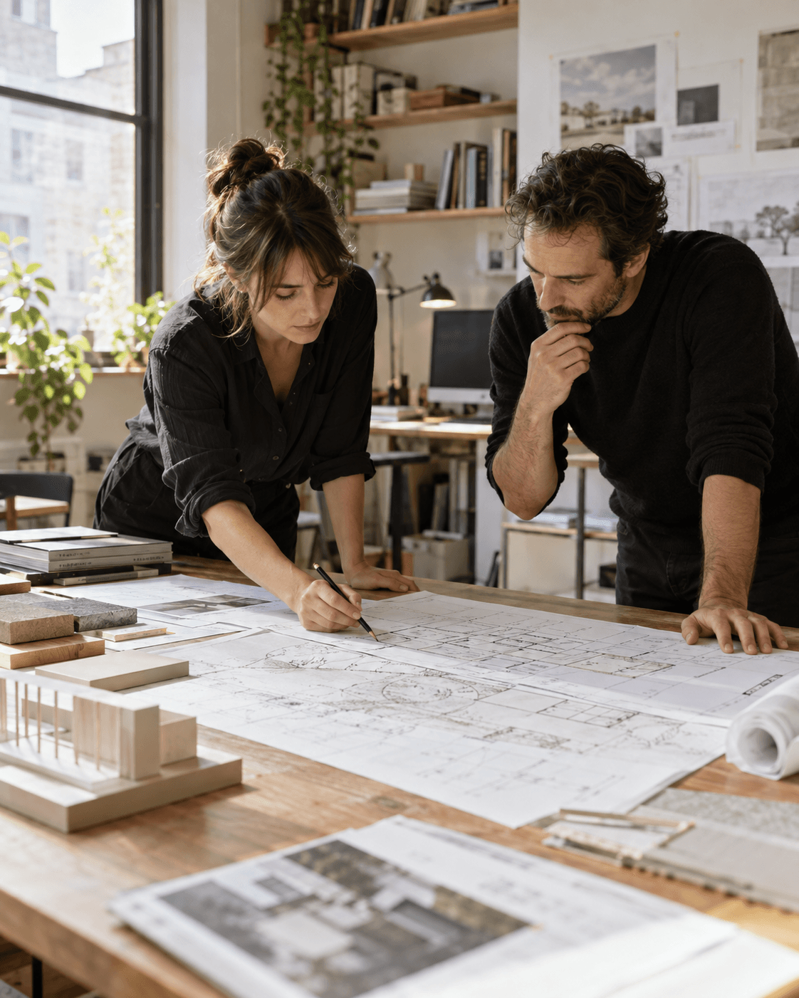 Architects reviewing drawings together at a studio worktable