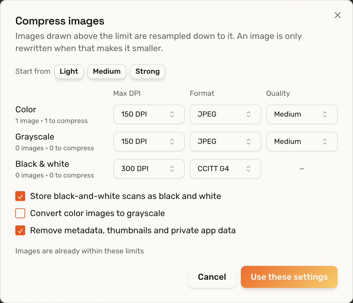 Compress images dialog with separate color, grayscale, and black-and-white settings and Use these settings button.