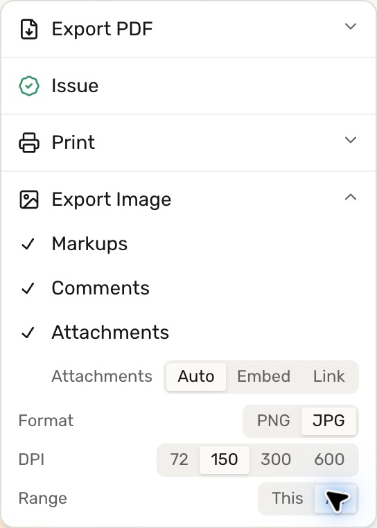 Export Image options with Markups, Comments, Attachments, PNG or JPG format, DPI choices, and This or All page range.