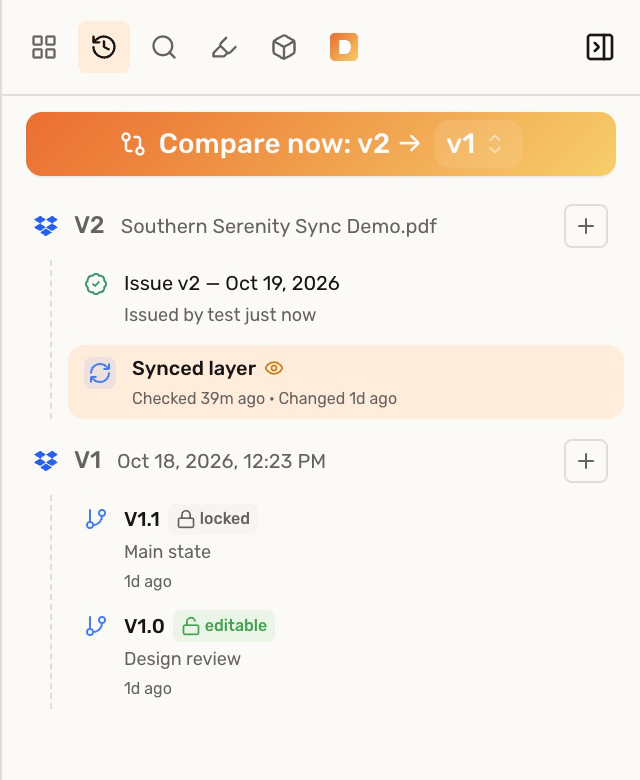 Versions panel showing Issue v2 dated October 19, 2026 beneath V2, with the synced layer and earlier V1 review branches still available.