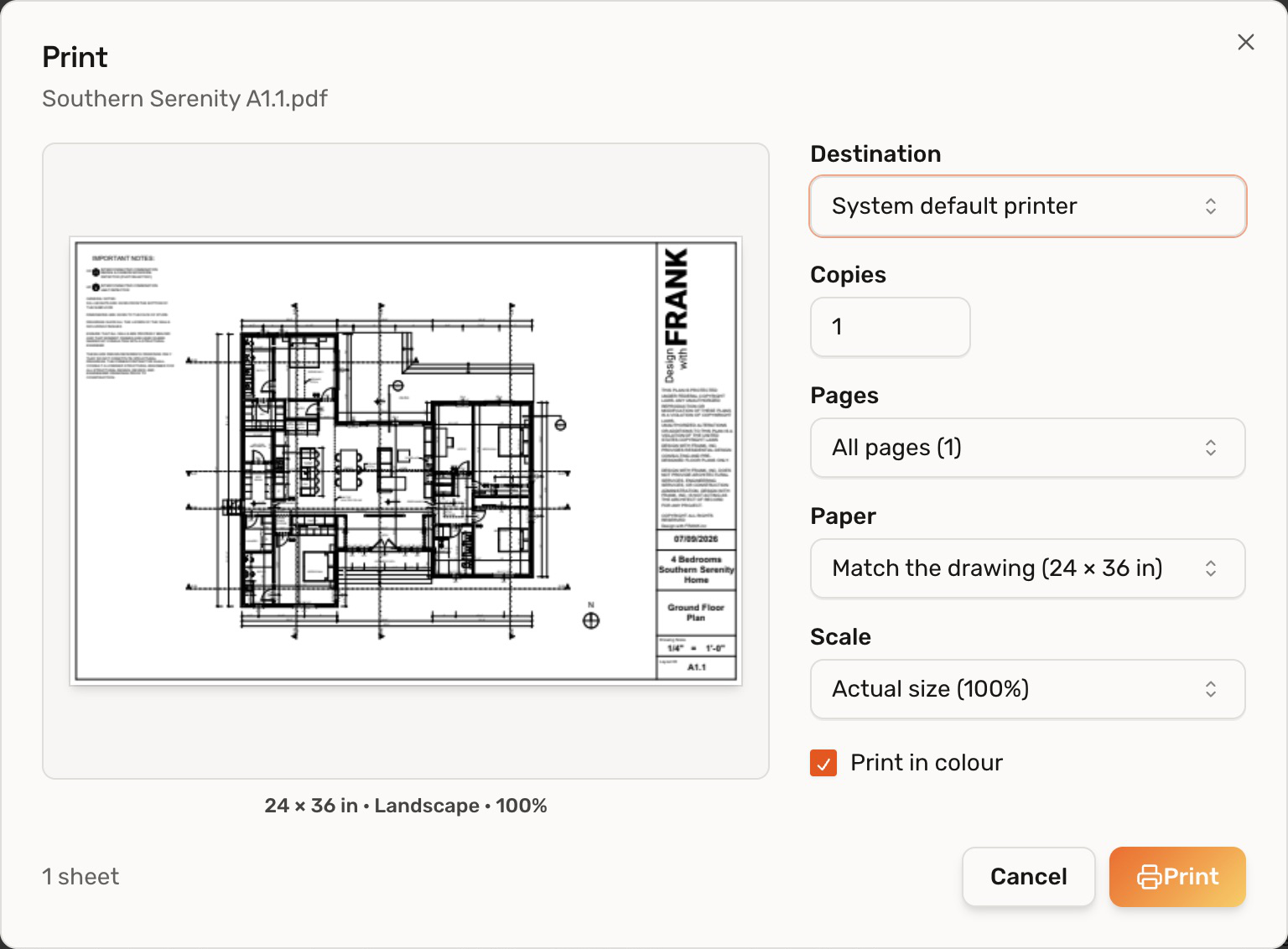 Deta desktop Print dialog with preview, Destination, Copies, Pages, Paper, Actual size, and Print controls.