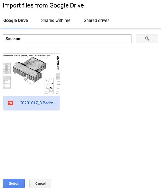 Google Drive picker with the Southern Serenity PDF selected and the Select button below.