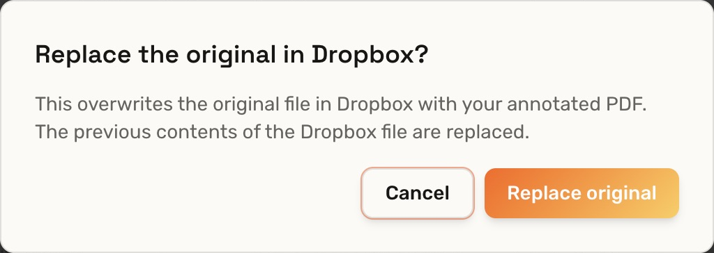 Replace the original in Dropbox confirmation with Cancel and Replace original buttons.