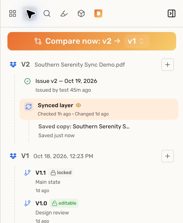 Versions panel with the Saved copy row outlined in orange beneath V2 and its Synced layer.