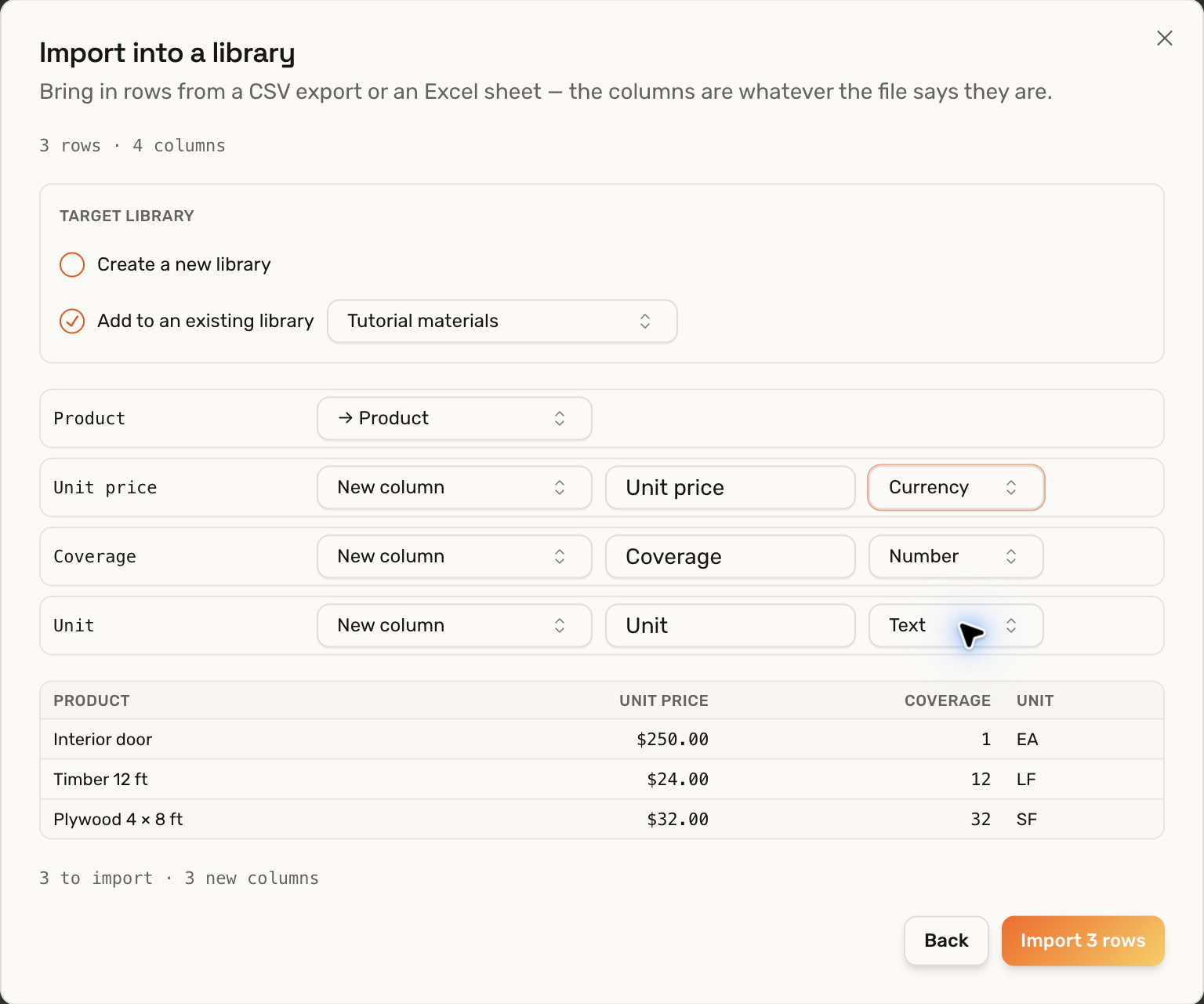Import preview mapping Product to an existing field and adding Unit price as Currency, Coverage as Number, and Unit as Text.