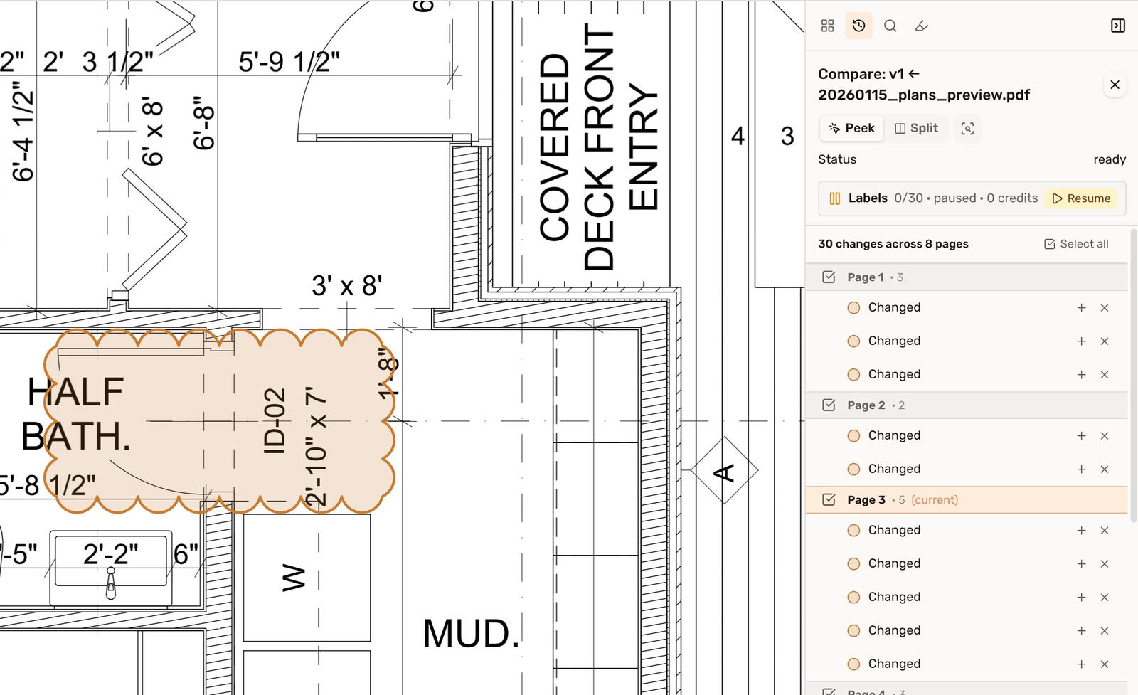 Actual local comparison panel and an outlined change around the half-bath door