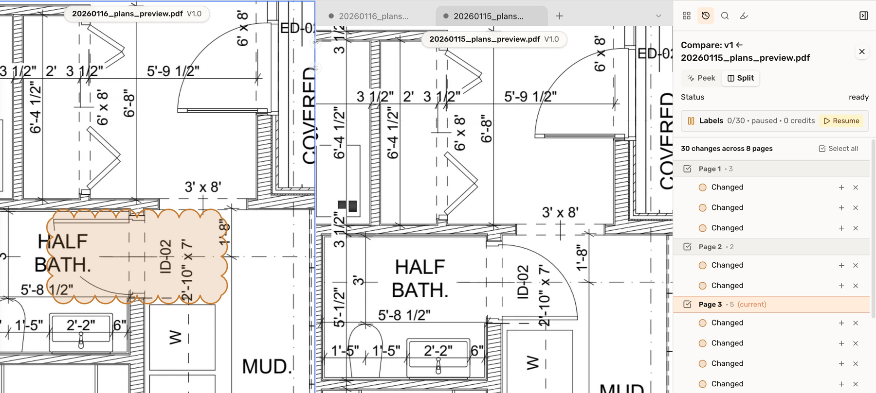 Actual Split view of the newer and earlier local PDFs at the changed door swing
