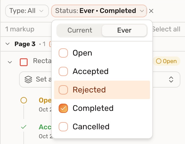 The Status filter set to Ever and Completed, with a matching markup whose current badge is Open
