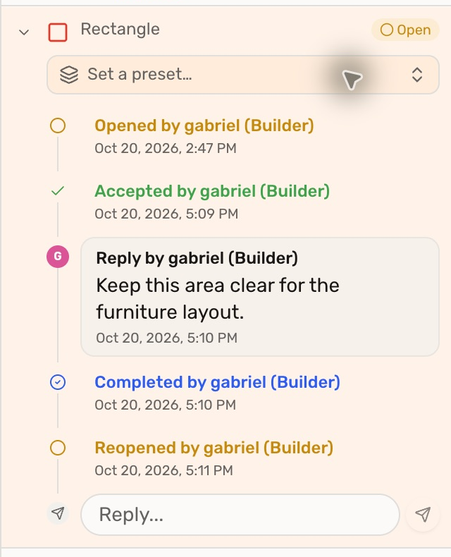 An expanded markup showing Opened, Accepted, a reply, Completed, and Reopened, each with an author and timestamp