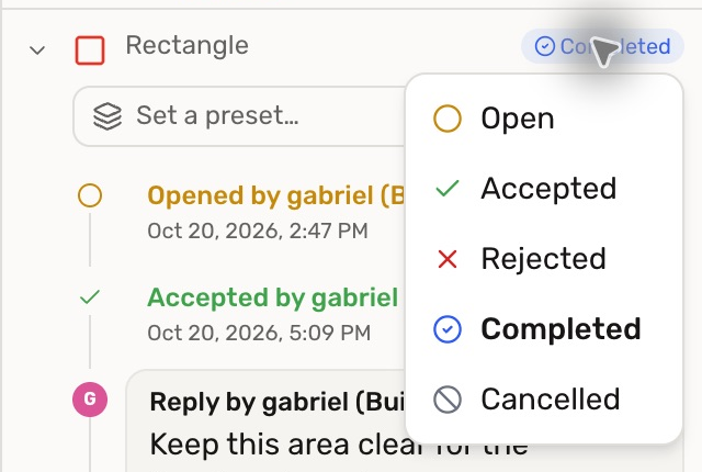 The markup's status badge menu, showing Open, Accepted, Rejected, Completed, and Cancelled