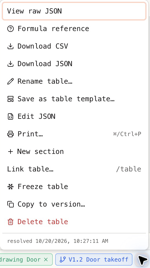 Table actions menu with Download CSV, Download JSON, and Print options.