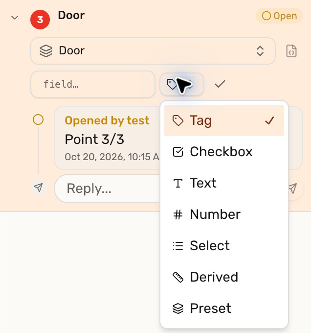 Expanded Door markup with the field type menu showing Tag, Checkbox, Text, Number, Select, Derived, and Preset.