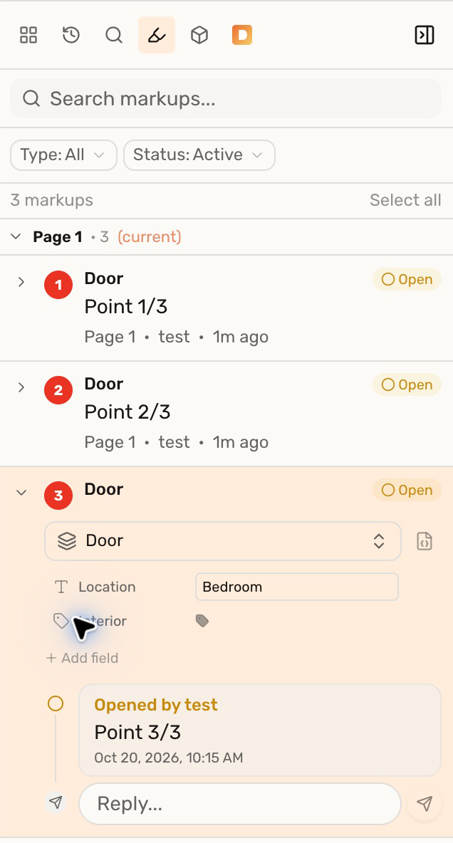 Markups panel showing three Door marks; the expanded third mark has Location set to Bedroom and an Interior tag.