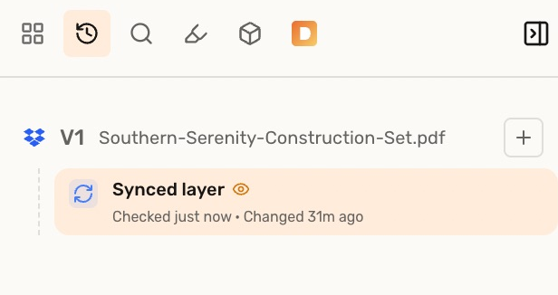 Dropbox version tree showing the provider logo, V1, and the Synced layer with Checked and Changed times.