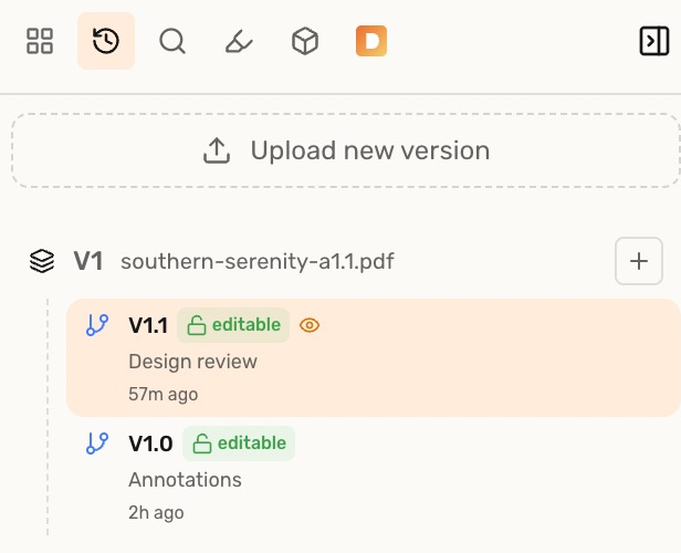The Versions panel with Add to this version beside V1 and two named review branches underneath.